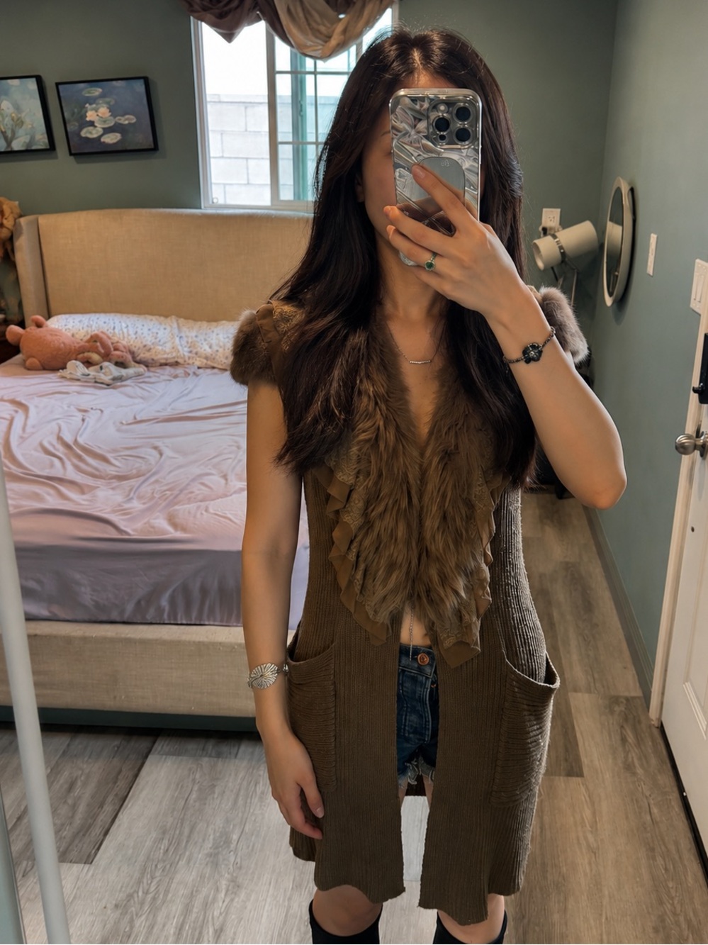 Vintage fox fur collar  and Lace Trimmed Brown wool blend vest